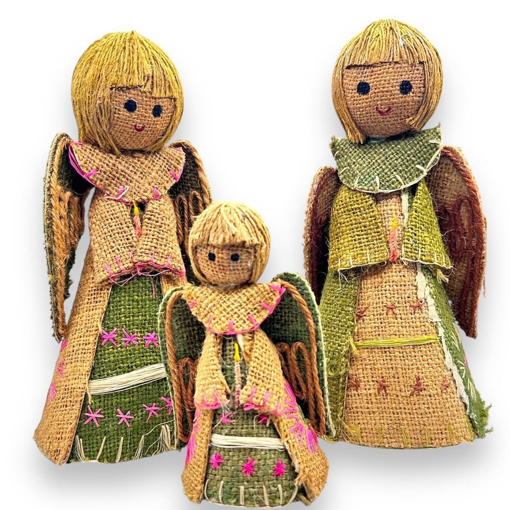 Vintage Burlap Jute Angel Figurine set x3 MCM  Mid Century Kitschy Kitschmas